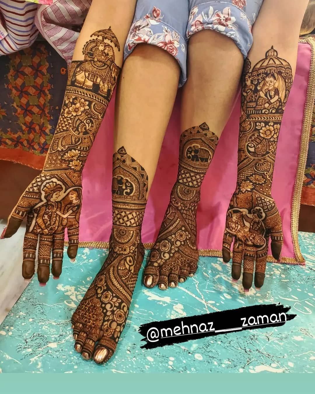Bridal mehendi on hands and feet together