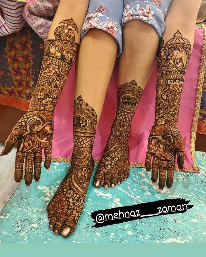 Bridal mehendi on hands and feet together