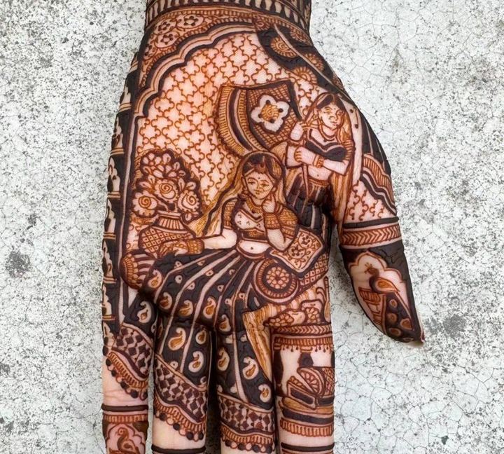 Mehndi caricature of bride and groom on palm with jaali background