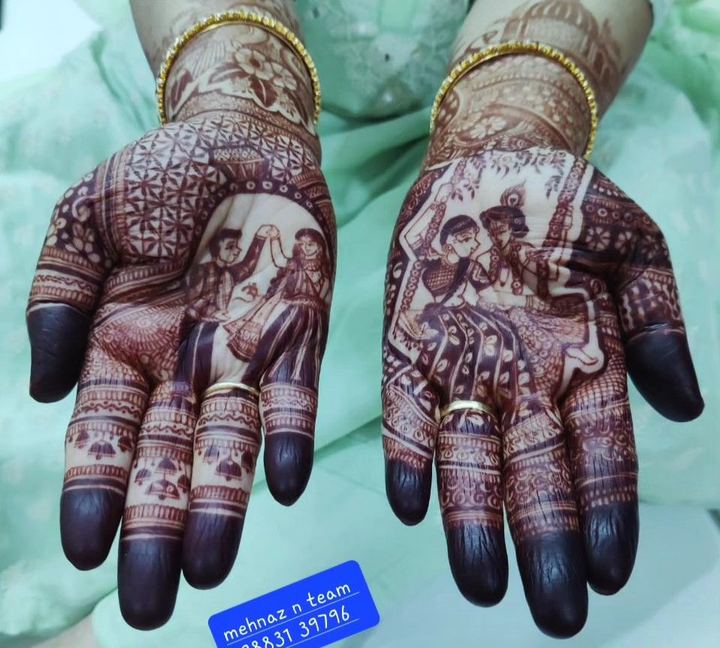 Couple portrait mehendi across both palms